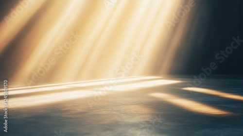 Radiant light streams through an opening, illuminating a textured floor with dramatic shadows