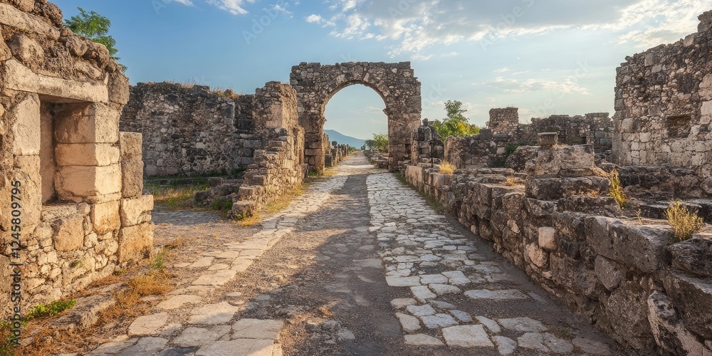Ancient stone ruins with archway at horizon, overgrown pathways, scattered stones, and blue sky with soft clouds, creating a historical atmosphere. Ancient stone ruins with archway at horizon, overgrown pathways, scattered stones, and blue sky with soft clouds, creating a historical atmosphere.