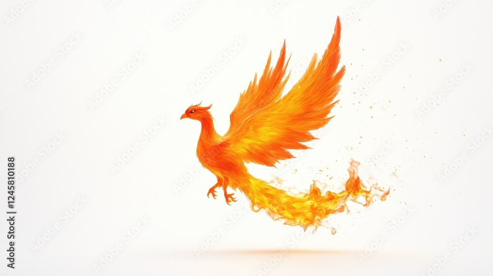Obraz premium Vibrant phoenix emerging from flames, symbolizing rebirth and resilience against a white backdrop