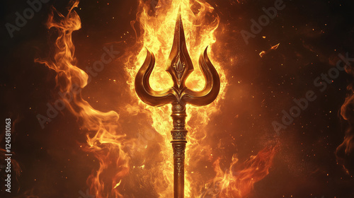 The golden trident of Lord Shiva, standing tall and majestic. Surrounded by flames, symbolizes power and spirituality, Maha shivaratri