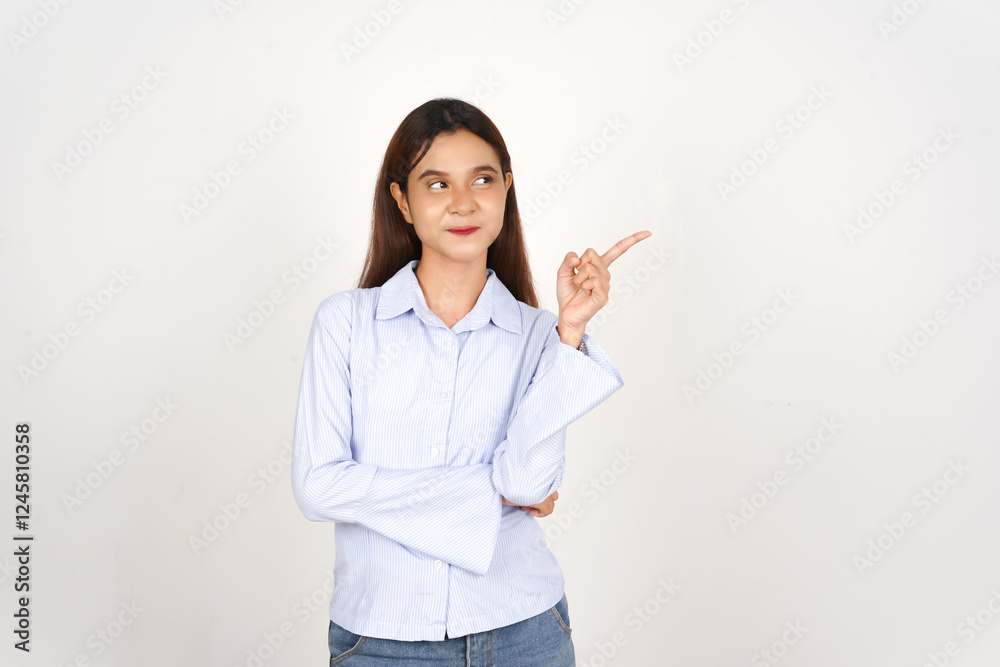 Smiling and presenting with pointing aside Of Beautiful Asian Woman Isolated On White Background Smiling and presenting with pointing aside Of Beautiful Asian Woman Isolated On White Background