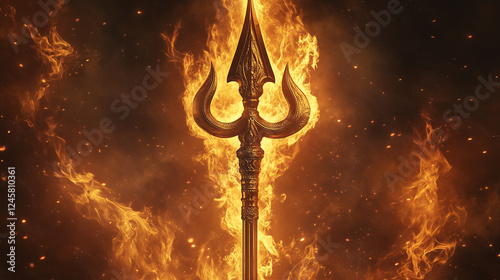 The golden trident of Lord Shiva, standing tall and majestic. Surrounded by flames, symbolizes power and spirituality, Maha shivaratri