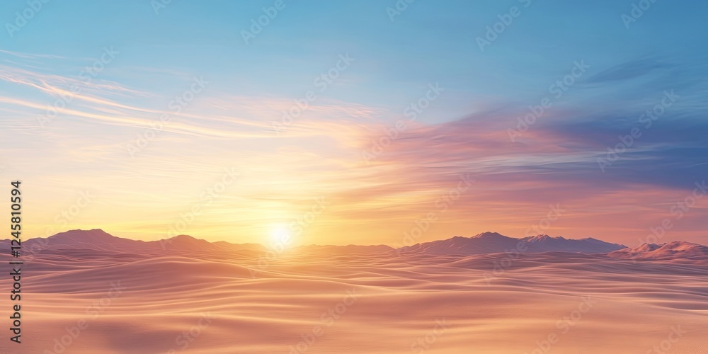 Serene desert landscape at sunset with soft golden and pink hues, smooth sand dunes in the foreground, and distant mountains under a blue sky. Serene desert landscape at sunset with soft golden and pink hues, smooth sand dunes in the foreground, and distant mountains under a blue sky.