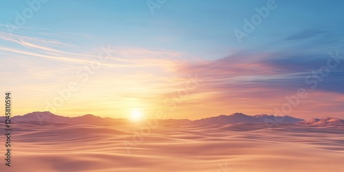 Fototapeta Naklejka Na Ścianę i Meble -  Serene desert landscape at sunset with soft golden and pink hues, smooth sand dunes in the foreground, and distant mountains under a blue sky.