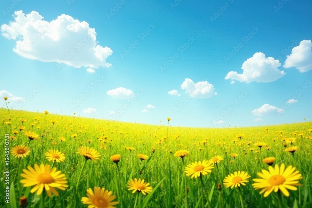 Obraz premium Golden dandelions carpet a field, azure sky above, calm, yellow, bright