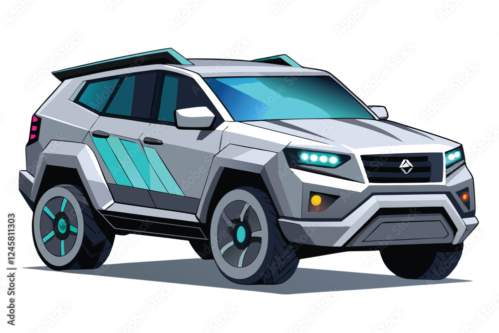 Futuristic Car SUV Concept 3/4 View Vector Art – Tech-Inspired Design & Geometric Shapes on White Backdrop Futuristic Car SUV Concept 3/4 View Vector Art – Tech-Inspired Design & Geometric Shapes on White Backdrop