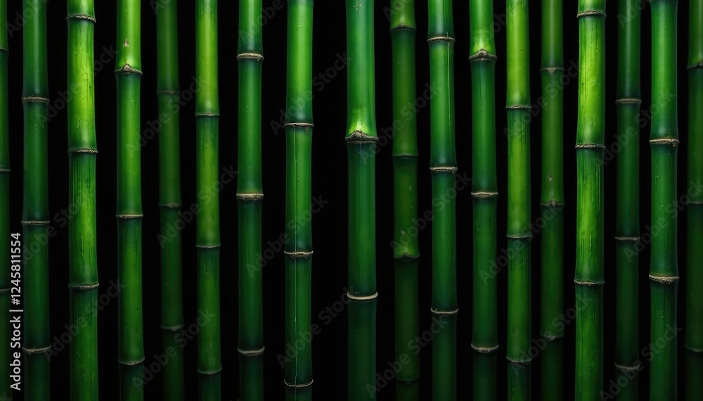 Bamboo stalks in a single row on a black background, forest, wood, nature Bamboo stalks in a single row on a black background, forest, wood, nature