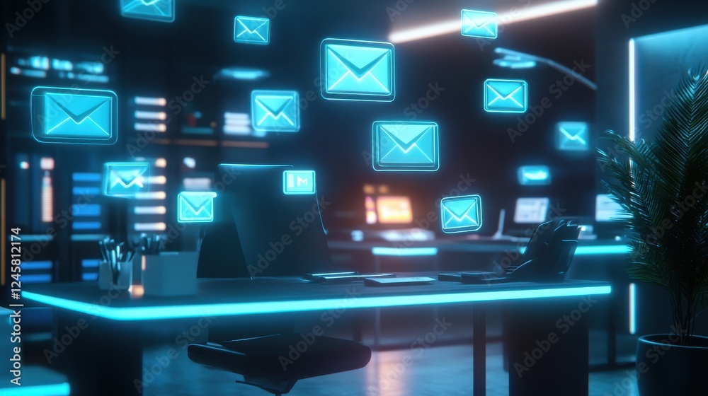 Fototapeta premium Futuristic Office Environment with Floating Email Notifications