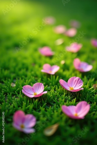 Delicate flower petals scattered on a soft green grass background, leafy greens, nature