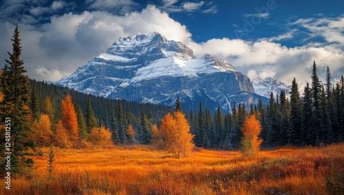 Autumnal mountain meadow, snow-capped peak, Canadian Rockies, sunrise