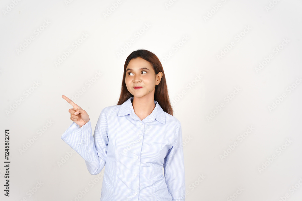 Smiling and presenting with pointing aside Of Beautiful Asian Woman Isolated On White Background Smiling and presenting with pointing aside Of Beautiful Asian Woman Isolated On White Background