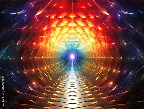 Abstract Geometric Tunnel with Vibrant Rainbow Colors and Bright Lights