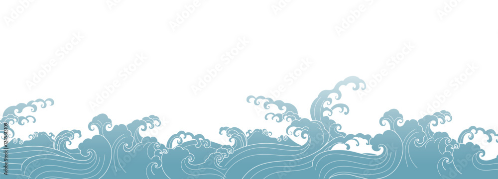 Japanese sea wave background vector. Wallpaper design with white line art and blue ocean wave pattern backdrop. Modern luxury oriental illustration for cover, banner, website, decor, interior Japanese sea wave background vector. Wallpaper design with white line art and blue ocean wave pattern backdrop. Modern luxury oriental illustration for cover, banner, website, decor, interior