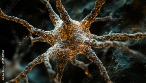 Detailed Close-Up of a Neuron Cell with Intricate Branches and Texture in a Biological Context, Suitable for Science and Medical Illustrations photo