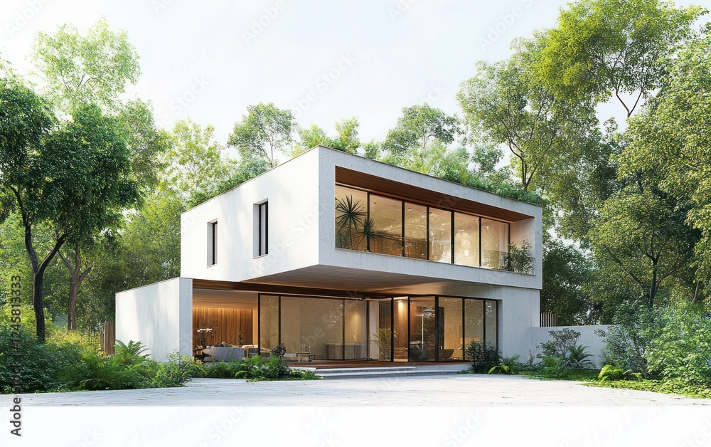 Modern Minimalist House Design Bright White Exterior Surrounded by Green Trees Modern Minimalist House Design Bright White Exterior Surrounded by Green Trees