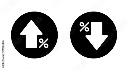 Growth and decline percent arrow icon on black circle. Percentage up and down sign. Discount symbol