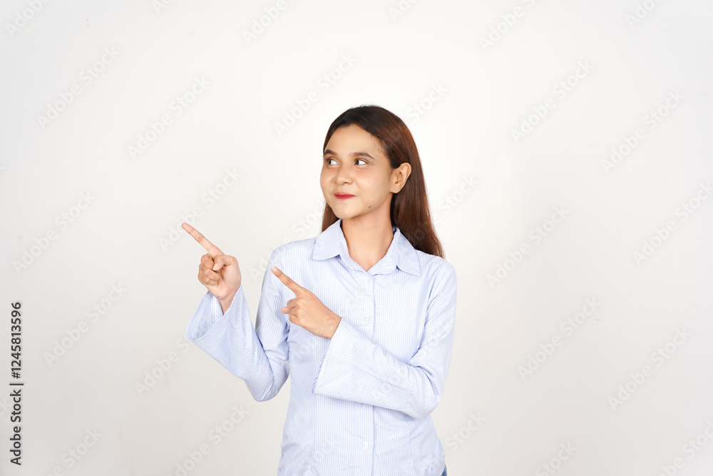 Smiling and presenting with pointing aside Of Beautiful Asian Woman Isolated On White Background Smiling and presenting with pointing aside Of Beautiful Asian Woman Isolated On White Background