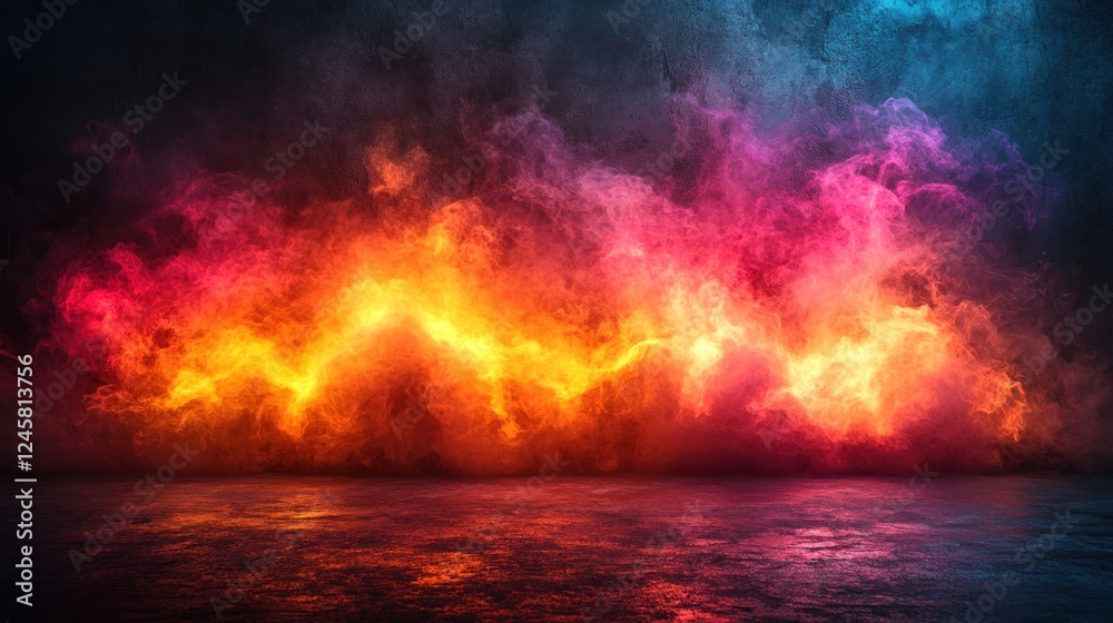 Fototapeta premium Colorful smoke, studio backdrop, reflection, dark