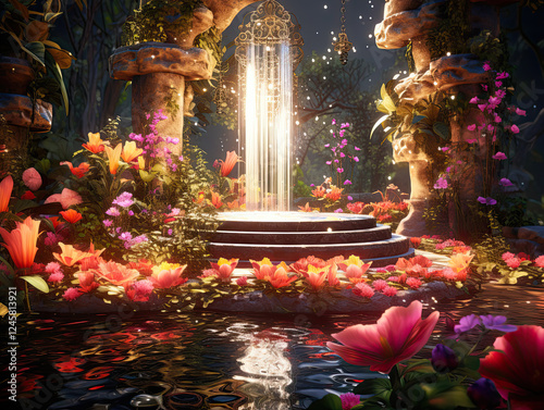 Enchanted Garden with Glowing Fountain at Night