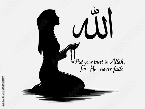 Muslim Praying Silhouette Vector Illustration with the text "Put your trust in Allah, for He never fails"