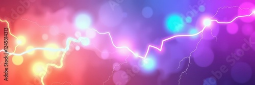 A glowing lightning bolt cuts through a hazy background of colorful bokeh, creating a vibrant and dynamic scene photo