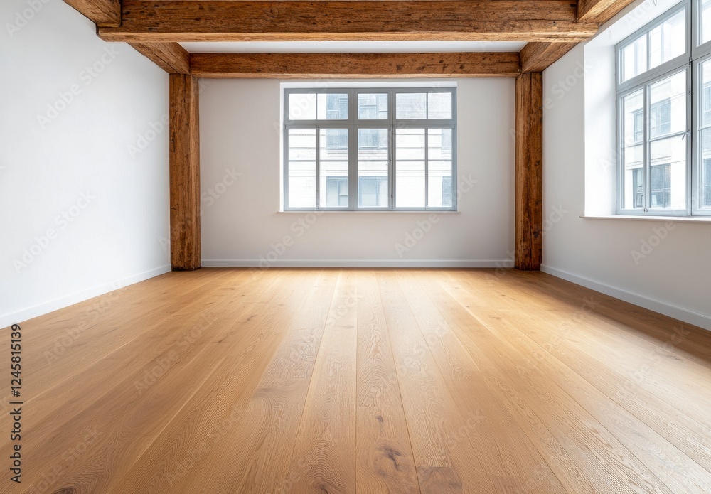 Bright Empty Room With Hardwood Floors And Exposed Wooden Beams Bright Empty Room With Hardwood Floors And Exposed Wooden Beams