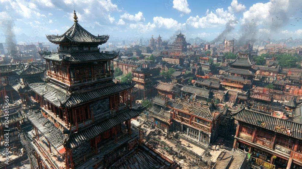 Obraz premium A breathtaking aerial view of an ancient Chinese city, showcasing its intricate architecture, bustling streets, and rich cultural heritage. Explore the beauty of this historic urban landscape.