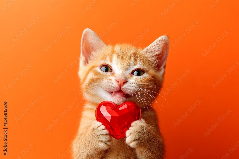Obraz premium Donskoy - my desired cat. Ad concept creative design idea. Cute donskoy baby cat with diamond red heart - sign of love, funny greeting card. Kitten heart photo. Pet with love. Cute pet.