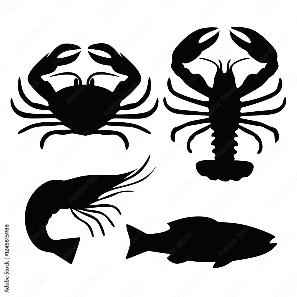 Seafood silhouette consists of crab, lobster, shrimp, and fish Seafood silhouette consists of crab, lobster, shrimp, and fish