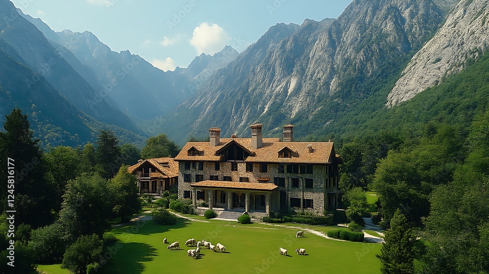 Obraz premium Mountain Residence with Sheep Grazing on Lush Green Lawn in Picturesque Valley Scenery
