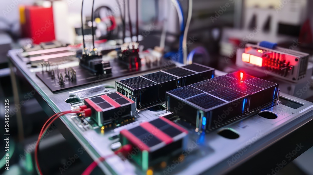 Naklejka premium Prototype graphene batteries displayed with modular configurations for scalable energy solutions