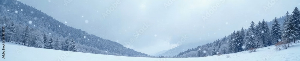 Snowfall from grey sky in serene and peaceful scene, mountainous, winter Snowfall from grey sky in serene and peaceful scene, mountainous, winter