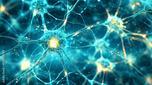 Detailed depiction of neurons transmitting signals. The microscopic view highlights the intricate workings of the nervous system.