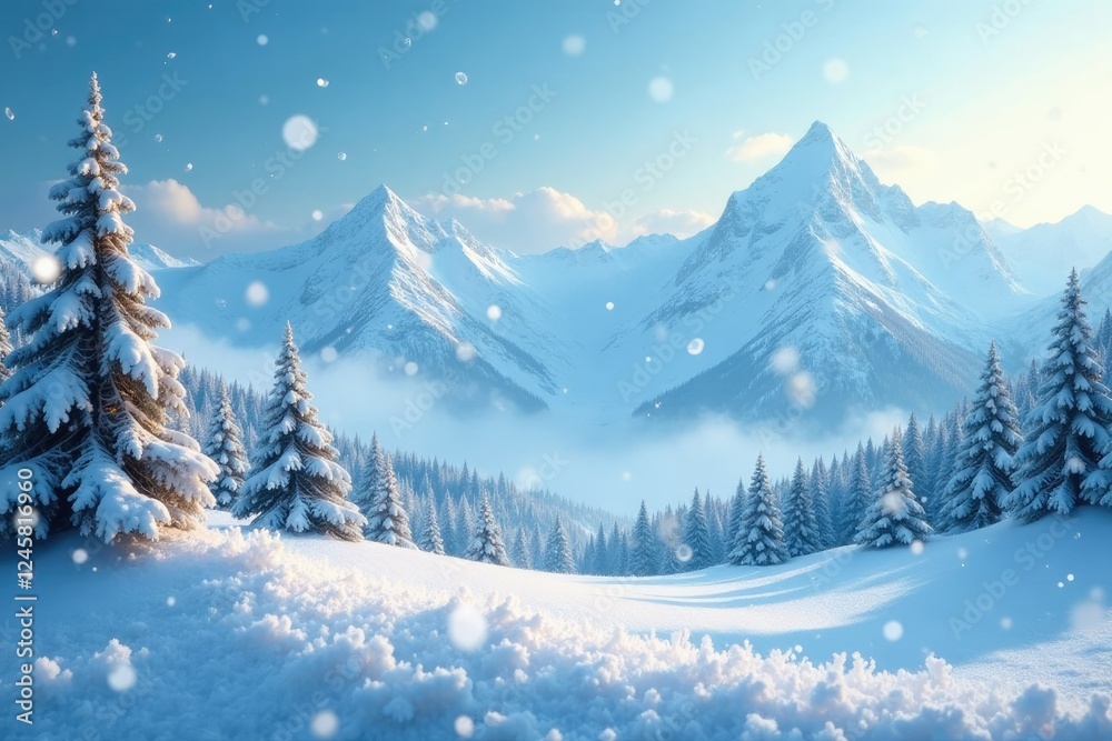 Snowflakes gently falling on a winter landscape, serene atmosphere, frosty morning, icy peaks Snowflakes gently falling on a winter landscape, serene atmosphere, frosty morning, icy peaks