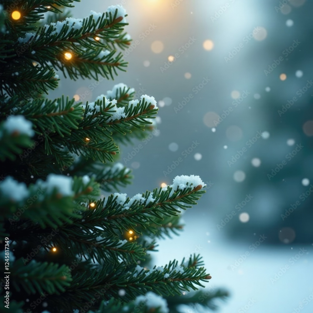 Snowflakes gently fall on the tree's branches, christmas tree, evergreen trees Snowflakes gently fall on the tree's branches, christmas tree, evergreen trees