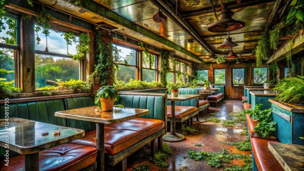 Naklejka premium Abandoned Diner Urban Exploration Photography, Decaying Food, Rusty Kitchen, Vintage Restaurant, Forgotten Meal, Post-Apocalyptic Food Scene