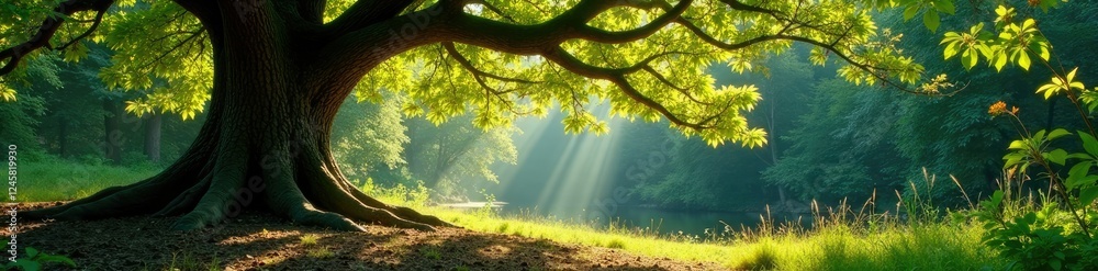 Fototapeta premium Arbol de encinas con tronco grueso y ramas espinosas, ramas espinosas, bosque, luz natural