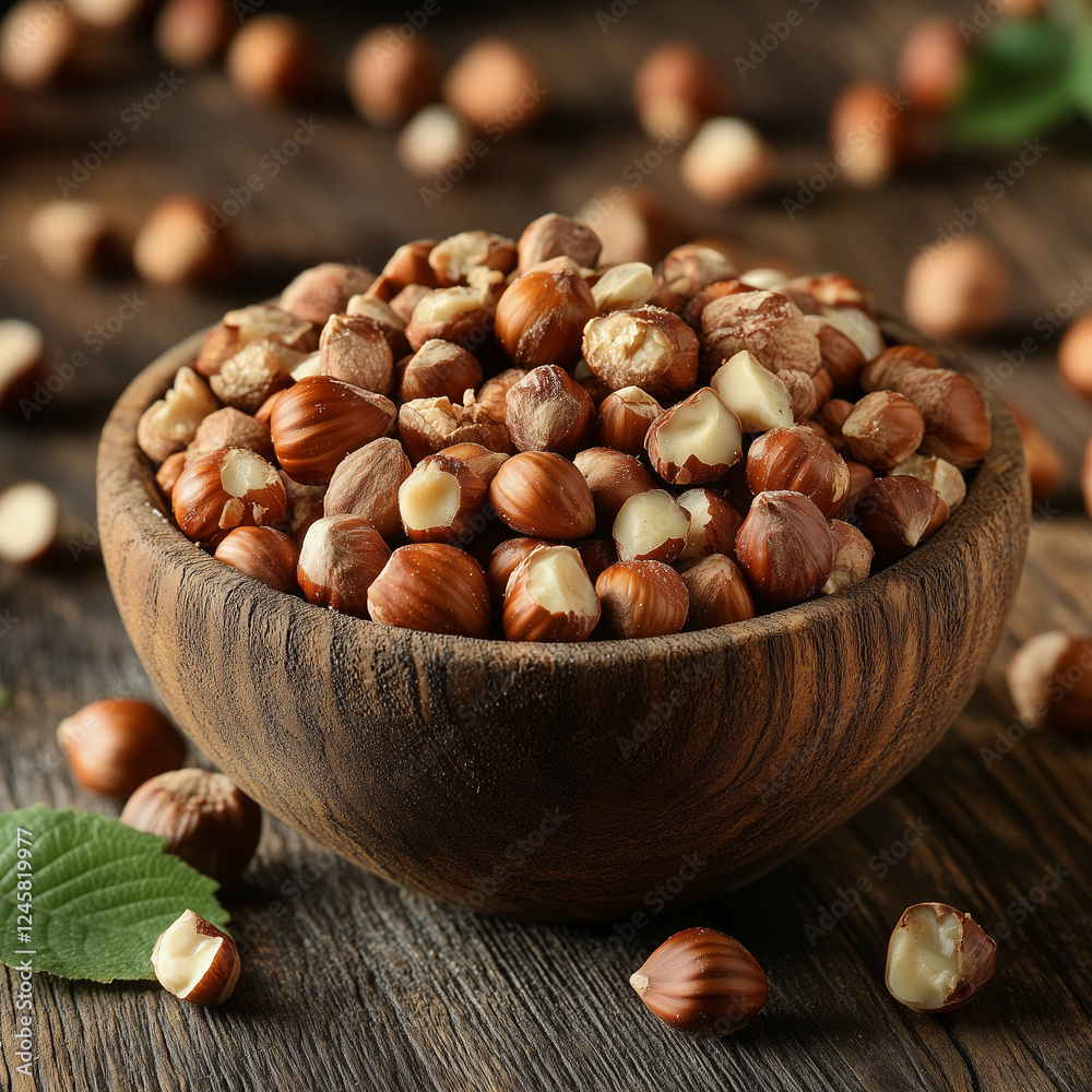 Rustic Wooden Bowl Filled with Fresh Hazelnuts Rustic Wooden Bowl Filled with Fresh Hazelnuts