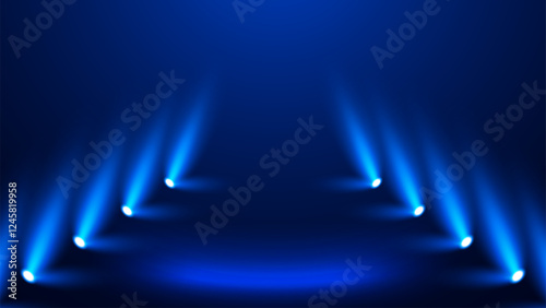 Blue walkway stage background with spotlights lighting the way
