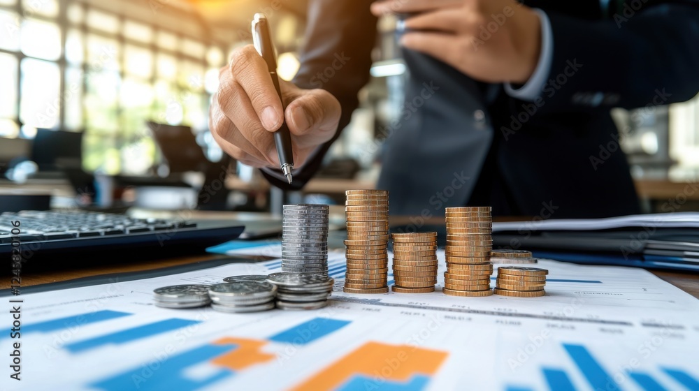 Obraz premium Professional Financial Analyst Interpreting Graphs and Charts with Coins and Charts