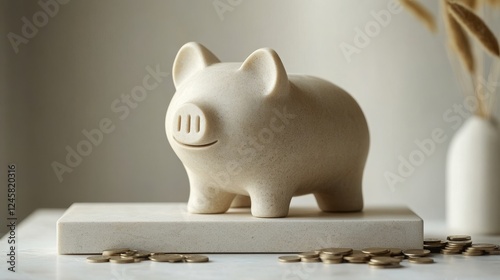 Piggy bank with a slot for coins, placed on a clean surface with coins surrounding it. The background is neutral This minimalist image emphasizes the idea of saving money photo