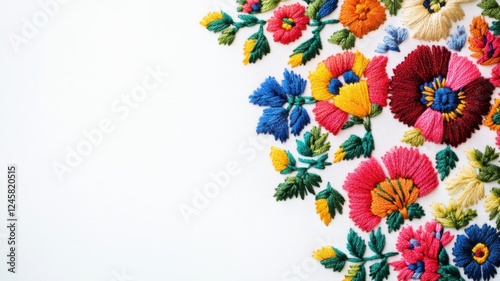Vibrant floral embroidery art studio setting textile craft colorful design close-up creative expression
