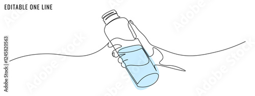One continuous line drawing of bottle with water in hand. Concept of healthy style  Editable stroke, vector illustration