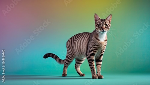 Professional photo of abyssinian cat with copy space in colorful background photo