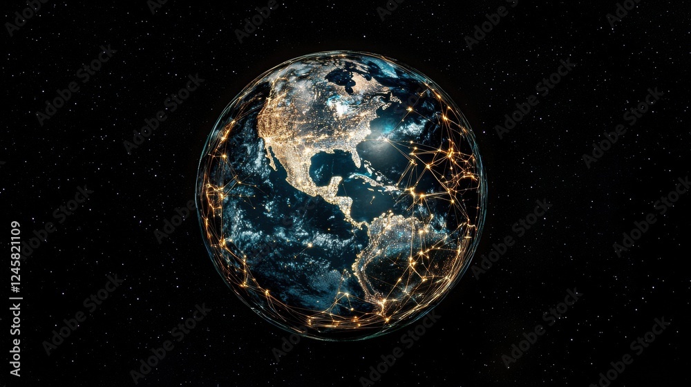 Naklejka premium Illuminated Earth with Network Connections in Space View