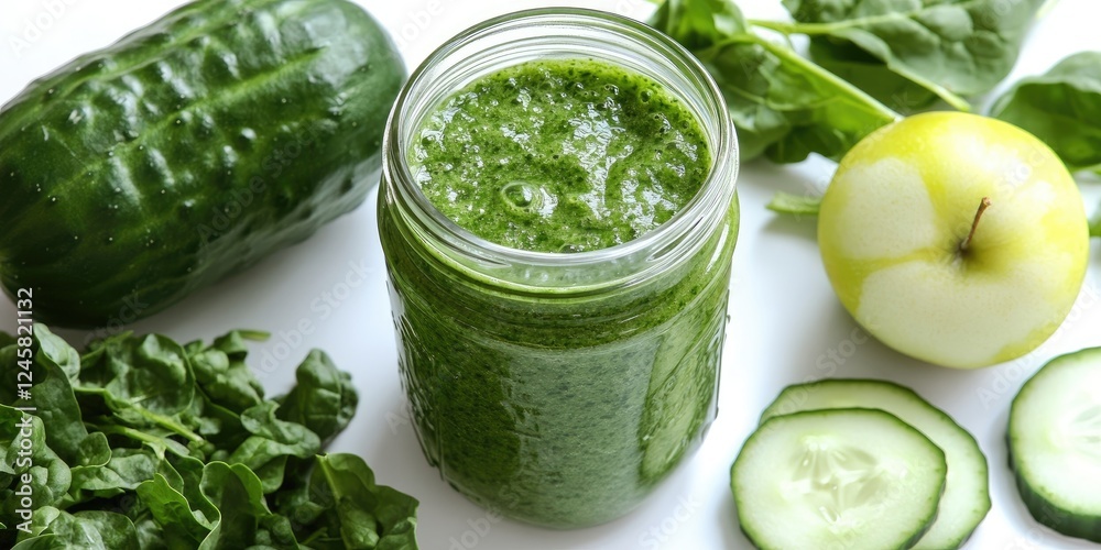 Nutrient-rich green smoothie in a clear jar surrounded by fresh apple spinach cucumber and leafy greens on a bright white surface Nutrient-rich green smoothie in a clear jar surrounded by fresh apple spinach cucumber and leafy greens on a bright white surface