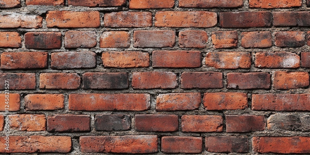 Obraz premium Weathered red brick wall texture featuring dark and light variations with a rugged finish, positioned in a uniform horizontal layout.