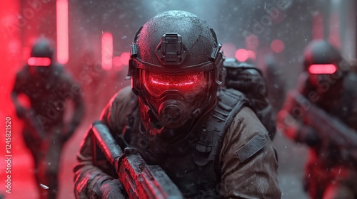 A focused soldier clad in gear stands ready for action in a dark, rainy environment, highlighted by red glowing elements, encapsulating the essence of bravery and determination. photo