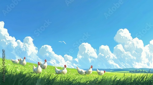 A flock of free-range chickens roaming a green pasture under a bright blue sky, symbolizing healthy, sustainable farming in a rural setting.