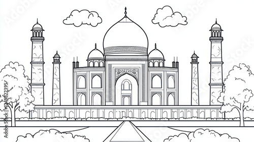 Taj Mahal, India Coloring page, serene background photo